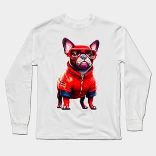 The Charismatic Frenchie: Racing in Red F1 Suit Long Sleeve T-Shirt